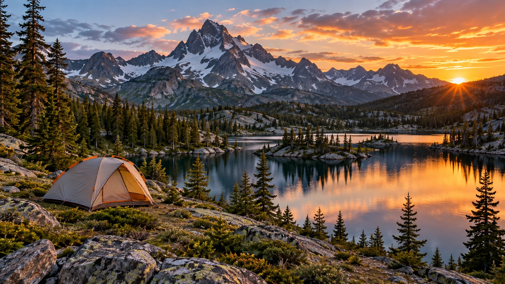 Wilderness campsite beside an alpine lake