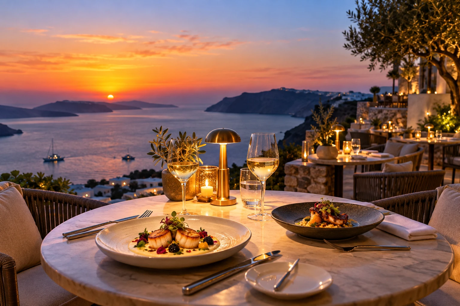 Gourmet dinner on an elegant ocean-view terrace