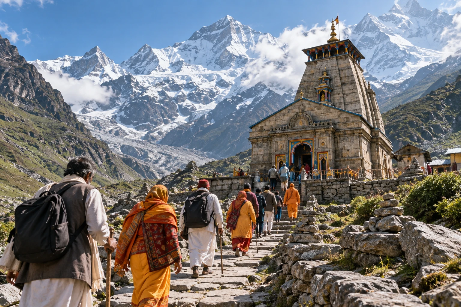 Pilgrims walking towards a Himalayan temple
