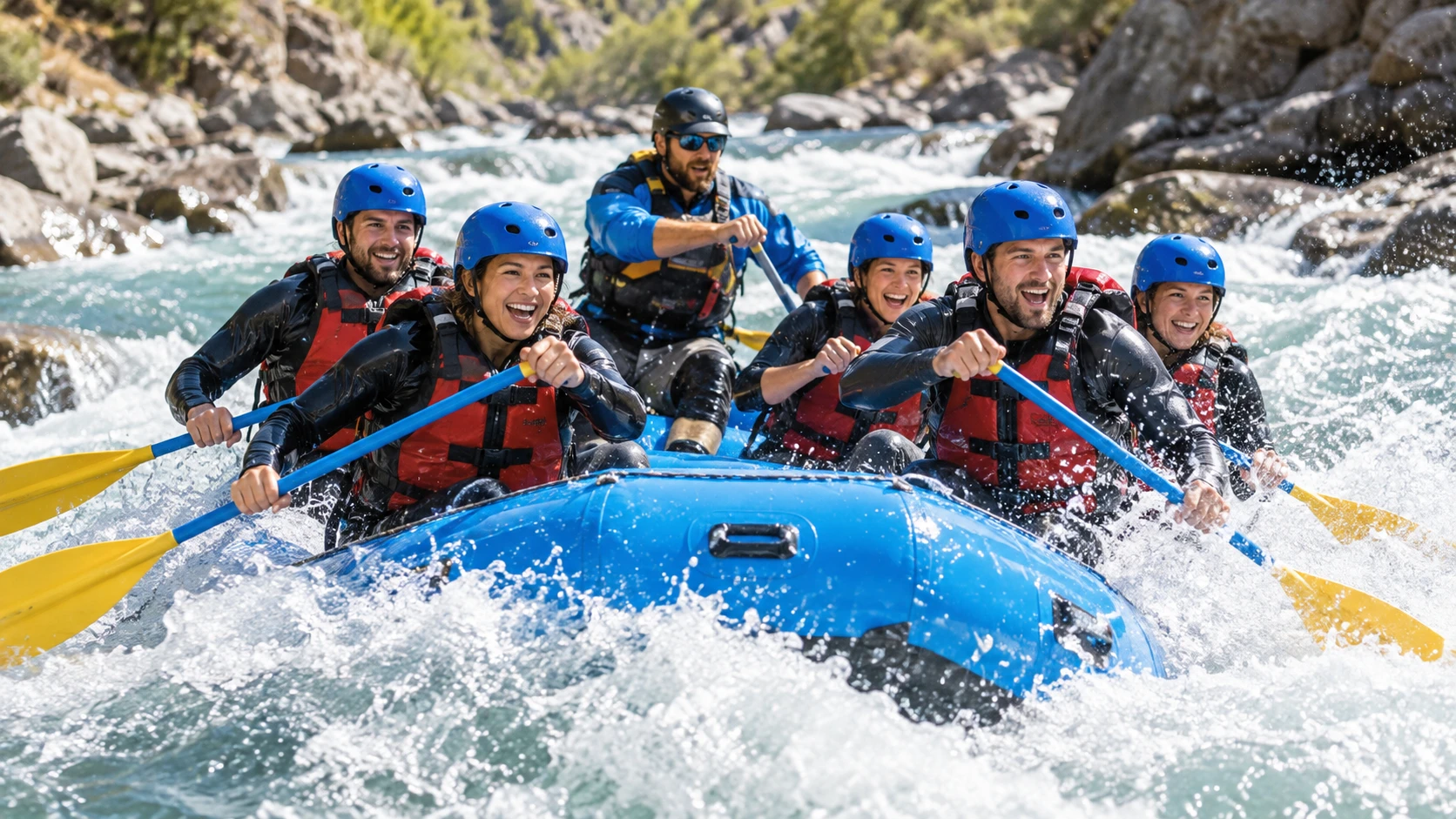 Travellers whitewater rafting with safety equipment