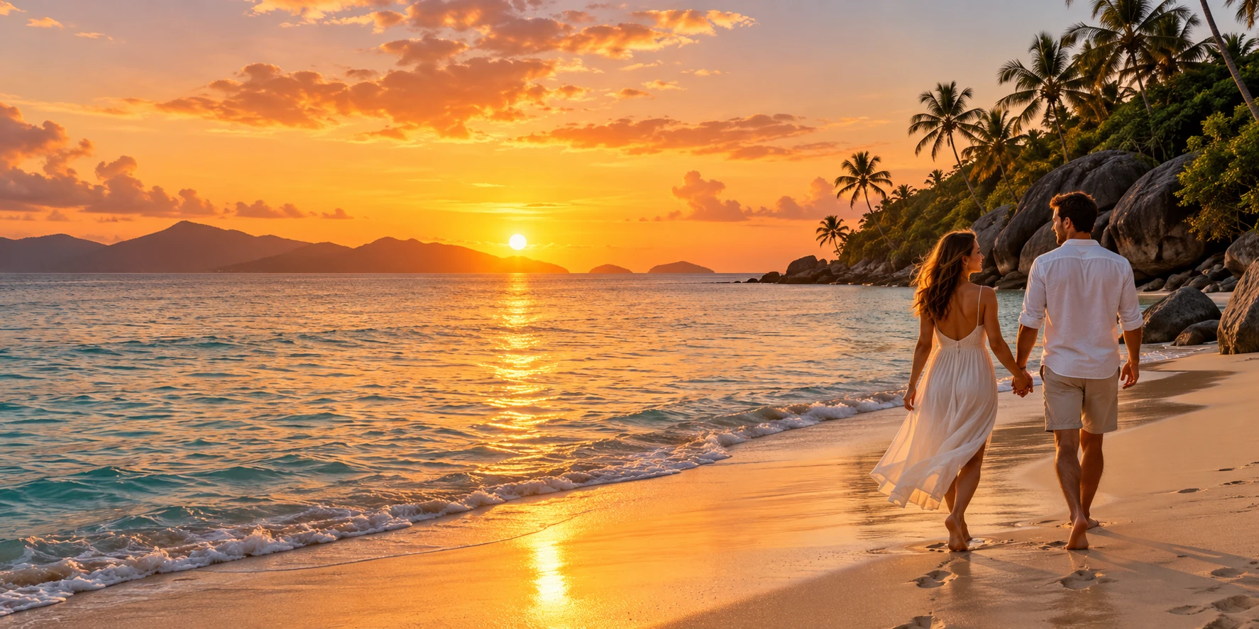 Couple walking hand in hand on a beach holiday