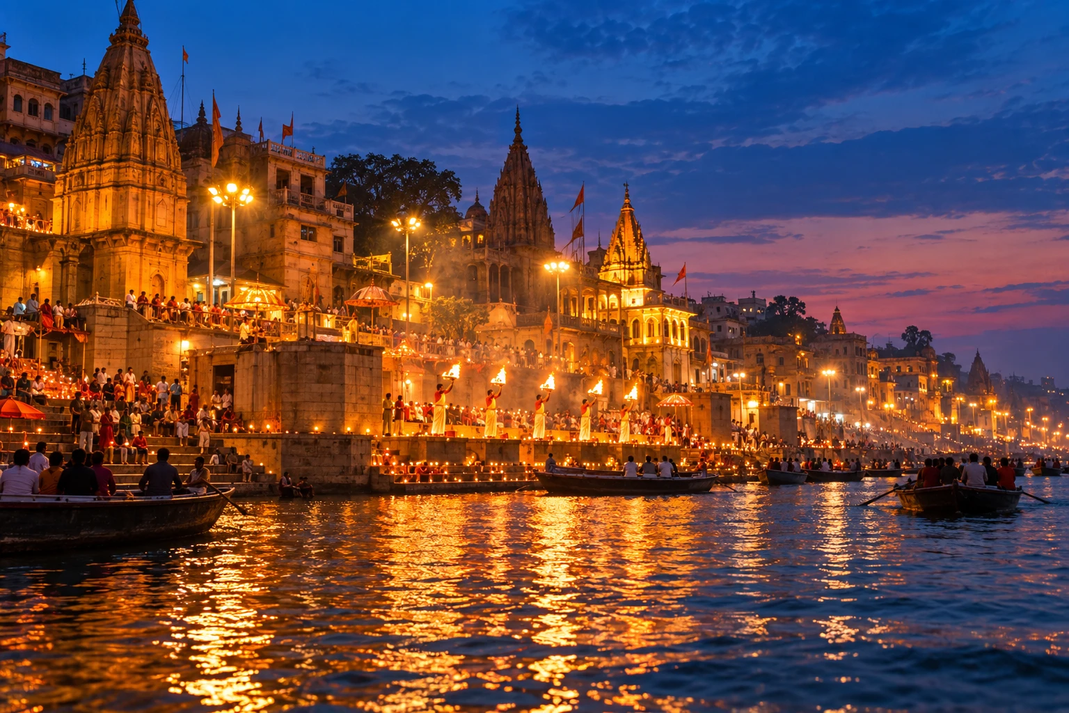 Illuminated temples and sacred ghats at Varanasi