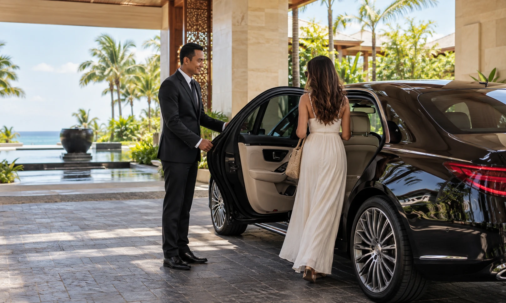 Chauffeur and private car at a hotel entrance